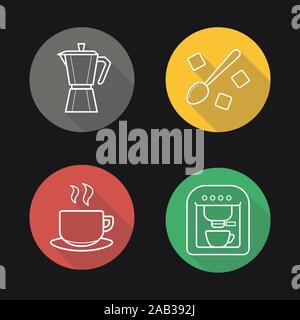 Télévision Café long shadow linéaire icons set. Classic café, machine à expresso, tasse chaude sur une assiette, déposer les cubes de sucre raffiné. Ligne vectorielle s Illustration de Vecteur