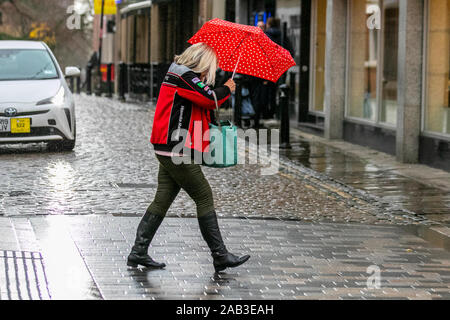 Preston, Lancashire. Météo britannique. 25 novembre, 2019. Blustery jour humide pour Vendredi Noir Cas clients dans le centre-ville de Preston comme Black tag sales cours de Fishergate, shoppers Noël et profitez de bonnes affaires. /AlamyLiveNews MediaWorldImages Crédit : Banque D'Images