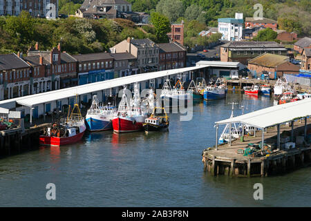 Bateaux de pêche amarré à North Shields, en Angleterre. Ils livrent leurs bateaux prises à North Shields Marché aux poissons. Banque D'Images