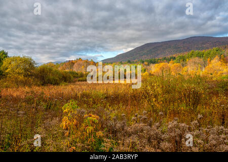 Paysage d'automne de Sunderland, Vermont avec un ciel spectaculaire et des montagnes en arrière-plan. Banque D'Images