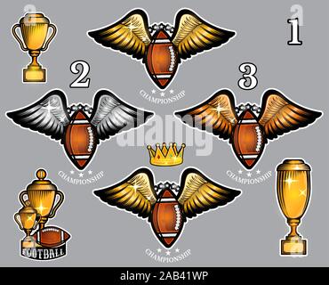 Le football américain avec les ailes et la couronne. Logo sport vecteur pour toute équipe et championnat Illustration de Vecteur
