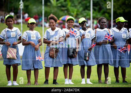 Les membres du public d'attendre d'apercevoir le Prince de Galles, alors qu'il assiste à un événement communautaire axé sur les océans au Lawson Tama Stadium à Honiara, au cours de la troisième journée de la visite royale pour les Îles Salomon. PA Photo. Photo date : lundi 25 novembre 2019. Voir histoire PA Charles ROYAL. Crédit photo doit se lire : Victoria Jones/PA Wire Banque D'Images