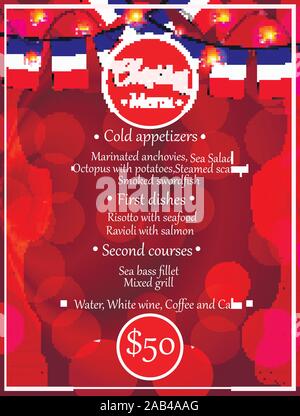 Menu de fête de la bannière lumineuse avec des drapeaux de la France. Modèle de fête pour Noël. L'illustration. Illustration de Vecteur