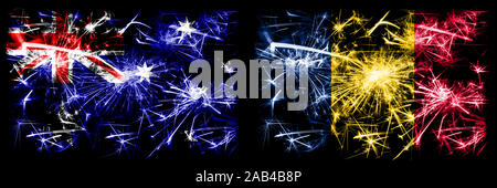 L'Australie, Ozzie vs Chad, célébration du Nouvel An tchadien drapeaux fireworks mousseux fond concept. Combinaison de deux états abstraits des drapeaux. Banque D'Images
