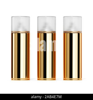 3D render of blank golden spray paint cans avec capuchon. Isolé sur fond blanc Banque D'Images