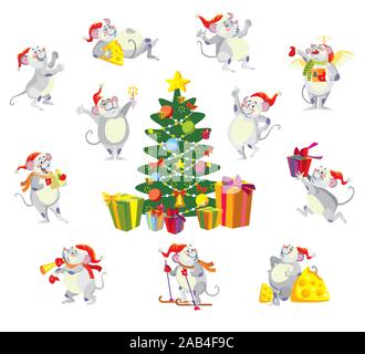 Vector illustration isolés de souris mignon personnage dans différentes situations : chanter, danser, courir, trop manger.arbre de Noël.Cartoon illustration stock.Chri Illustration de Vecteur