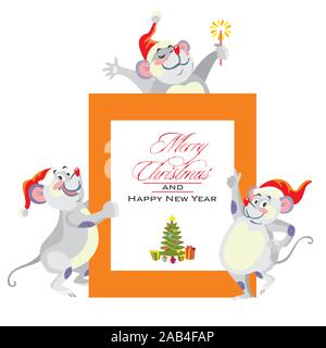 Vector illustration of cute souris féliciter caractères avec Joyeux Noël. Carte de vœux de Noël. Stock Cartoon illustration.conce la veille de Noël Illustration de Vecteur