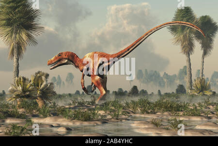 C'est un théropode Deinonychus, un cousin de velociraptor, qui vivait pendant le Crétacé. Ici représenté avec aucune plume bay dans une plaine liquide Banque D'Images