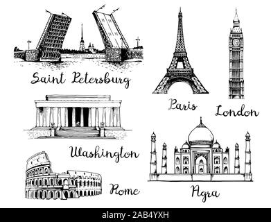 Sites touristiques du monde. Palace Bridge et de la forteresse Pierre-et-Paul en Russie, de la Tour Eiffel en France, Elizabeth Tower (Big Ben) en Angleterre, White House Illustration de Vecteur