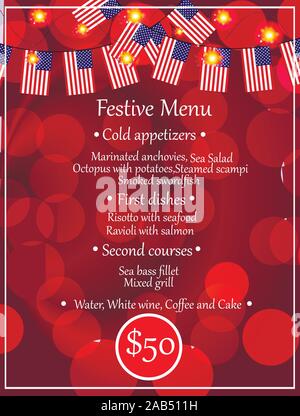 Menu de fête de la bannière lumineuse avec des drapeaux des USA. Vide avec menu approximatif. Modèle de fête. Vector Illustration. Illustration de Vecteur