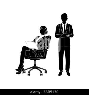 Femme d'affaires, manager est assis dans une chaise de bureau avec un ordinateur portable. Businessman holding clipboard et l'écriture. Vector illustration noir sur fond blanc Illustration de Vecteur