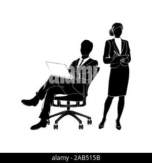 Homme d'affaires, manager est assis dans une chaise de bureau avec un ordinateur portable. Businesswoman holding clipboard et l'écriture. Vector illustration noir sur fond blanc Illustration de Vecteur