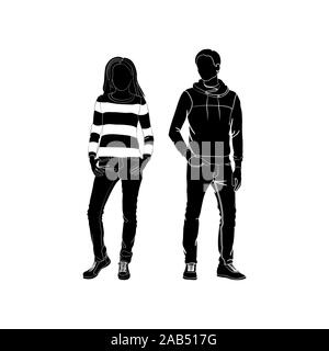 Fille à la mode et guy vecteur. La mode. L'homme et la femme silhouette vecteur. Jeune couple à la mode. Fille de Jean et de pontage. Guy en jeans et cavalier Illustration de Vecteur