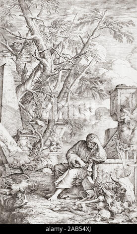 Democritus perdu dans la méditation. Démocrite, ch. 460 av. J.- C.370 BC. Philosophe grec qui a conçu une théorie atomique de l'univers. Après une gravure de Salvator Rosa.