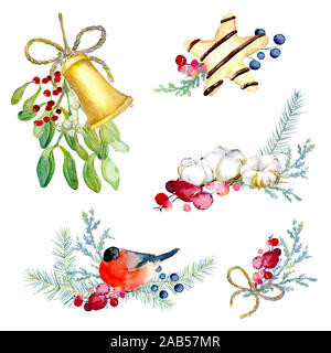 Ensemble de Noël décoratif peint à l'aquarelle. Convient pour la création de toute conception d'emballage, cartes, impression sur textile, tags, invitations Banque D'Images
