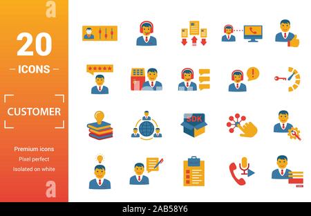 Customer Service icon set. Inclure des éléments créatifs agent console, priorité du cas, la satisfaction, l'assistance technique, les icônes de base de connaissances. Peut être utilisé pour Illustration de Vecteur