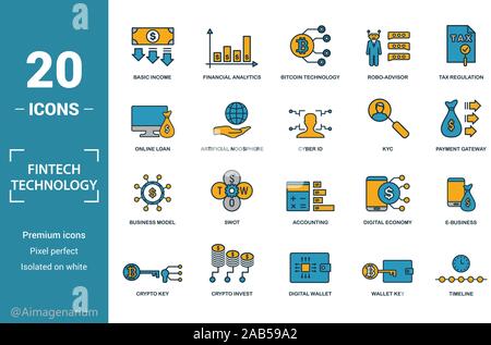 La technologie Fintech icon set. Inclure des éléments créatifs, revenu de base, la technologie bitcoin kyc, prêt en ligne, modèle d'icônes. Peut être utilisé pour Illustration de Vecteur