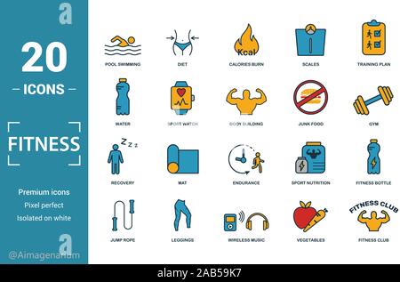 Icon Set de remise en forme. Inclure des éléments créatifs en piscine, brûler des calories, de l'eau, la malbouffe, la restauration d'icônes. Peut être utilisé pour rapport, présentation Illustration de Vecteur