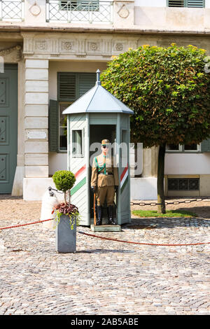 BUDAPEST, HONGRIE 29 JUILLET 2019 : Armée garde d'honneur au Royal Sandor Palace, Président de la Hongrie sur la colline de Buda résidence. Hungarian National symbo Banque D'Images