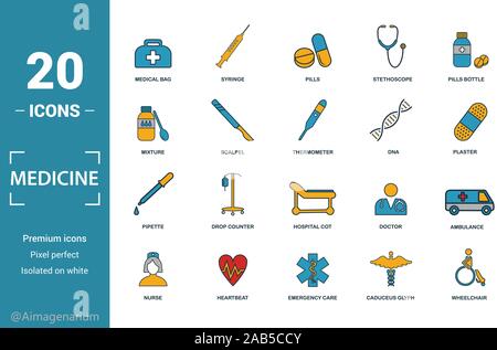 Médicament icon set. Inclure des éléments créatifs sac médical, pilules, mélange, ADN, icônes pipette. Peut être utilisé pour rapport, présentation, dessin, web Illustration de Vecteur