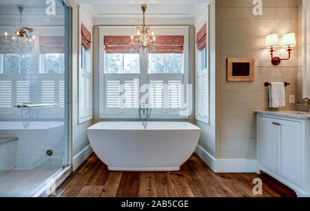 Salle de bains haut de gamme avec grande baignoire blanc et bois d'évitement. Banque D'Images