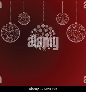 Carte de Noël avec des boules de Noël blanc sur fond rouge avec copie espace, vector design décoration de Noël Illustration de Vecteur