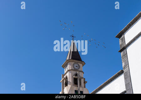 Les pigeons voler autour de la tour de l'horloge de l'Ermita de Nuestra Senora de Bonanza, l'Église El Paso, La Palma, Canary Islands, Espagne Septembre 2018 Banque D'Images