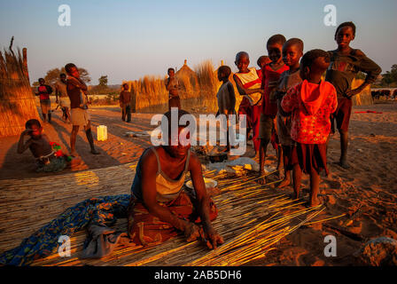 Habitants de la bande de Caprivi, femme la construction d'un mur en paille pour sa maison, en Namibie Banque D'Images