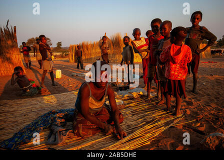 Habitants de la bande de Caprivi, femme la construction d'un mur en paille pour sa maison, en Namibie Banque D'Images