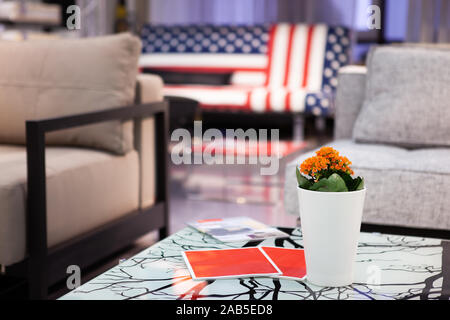 Discussion de l'intérieur et vue en gros à fleur dans le vase sur la table et de l'arrière-plan flou vintage café confortable ou au café. Banque D'Images
