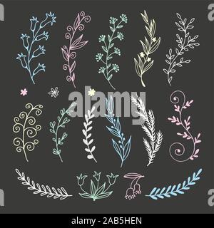 Doodle Floral situé dans un style croquis, vector hand drawn éléments de botanique illustration isolé sur fond sombre Illustration de Vecteur