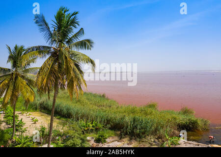 Vue aérienne du lac rose Lac Retba ou Lac Rose au Sénégal. Photo faite par drone depuis au-dessus. Afrique du paysage naturel. Banque D'Images
