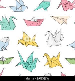 Formes d'Origami motif transparent vecteur dessiné à la main, papier japon dossier couleur art animaux, oiseaux, bateaux, navires, avions background Illustration de Vecteur