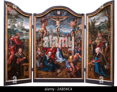Triptyque : Crucifixion" par Pieter Coecke van Aelst (1502-1550), huile sur panneau de chêne, 1500s Banque D'Images