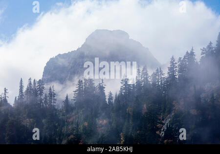 La dérive des nuages bas à travers la forêt et les montagnes près de Snow Lake at Snoqualmie Pass en cascades de l'état de Washington, USA. De l'automne.
