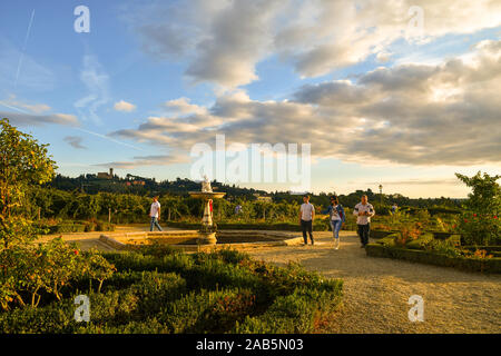 Vue panoramique sur le jardin du chevalier dans le jardin de Boboli du Palais Pitti avec la Fontaine des singes en automne, Florence, Toscane, Italie Banque D'Images