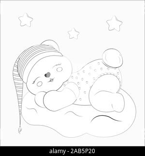 Livre de coloriage bébé ours endormi sur le cloud dans les rayures. Photo en Dessin à la main style pour douche de bébé. Carte de vœux, invitation à une fête, fa Illustration de Vecteur