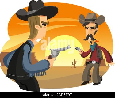 Duel de cowboy shootout au coucher du soleil Illustration de Vecteur