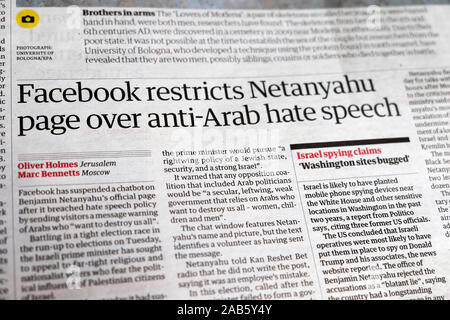 'Facebook page Nétanyahou restreint sur le discours de haine anti-arabe' Guardian titre pages intérieures London England UK 13 Septembre 2019 Banque D'Images
