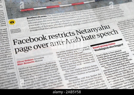 'Facebook page Nétanyahou restreint sur le discours de haine anti-arabe' Guardian titre pages intérieures London England UK 13 Septembre 2019 Banque D'Images