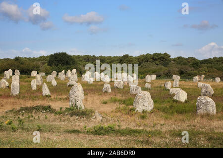 Des milliers de menhirs préhistoriques répartis sur trois alignements de Carnac, Bretagne, nord-ouest de la France. Banque D'Images