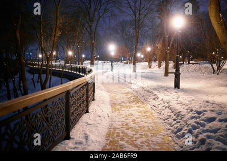 Banc de neige par lanterne et brillant. Photo de nuit. Banque D'Images