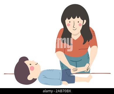 Illustration d'une fille un massage thérapeute physique Kid Garçon avec la dystrophie musculaire Banque D'Images