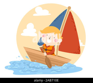 Illustration d'un enfant garçon Aviron Aviron et de la voile dans les mers Banque D'Images