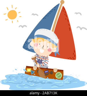 Illustration d'un enfant garçon un bateau Aviron Aviron et de la voile sur une valise avec le drapeau dans les mers Banque D'Images