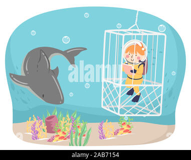 Illustration d'un Kid Girl Wearing Scuba Diving suit dans une cage écrit des notes et l'observation d'un requin Banque D'Images