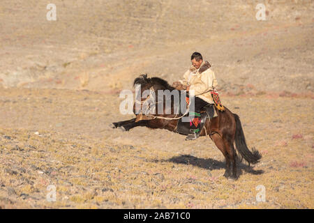 Les chasseurs eagle kazakhs prenant part à un match de lutte traditionnelle. Deux lutteurs à cheval commencer tirant sur une peau de mouton, celui qui le récupère, je Banque D'Images