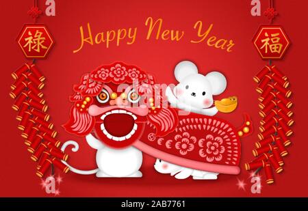 2020 Joyeux Nouvel An chinois du rat mignon dessin animé dragon et danse du lion. Traduction chinoise : la bénédiction et la prospérité. Illustration de Vecteur