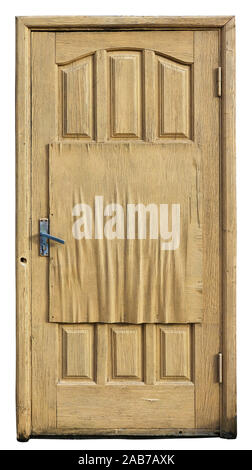 De vieux meubles en bois contreplaqué pourri jaune porte à une grange rustique.Isolated on white Banque D'Images