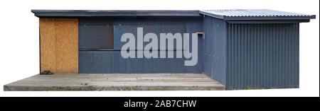 Kiosque en bois bleu pour la vente de fleurs et les burgers sur une rue de la ville. Isolé sur blanc avec patch Banque D'Images